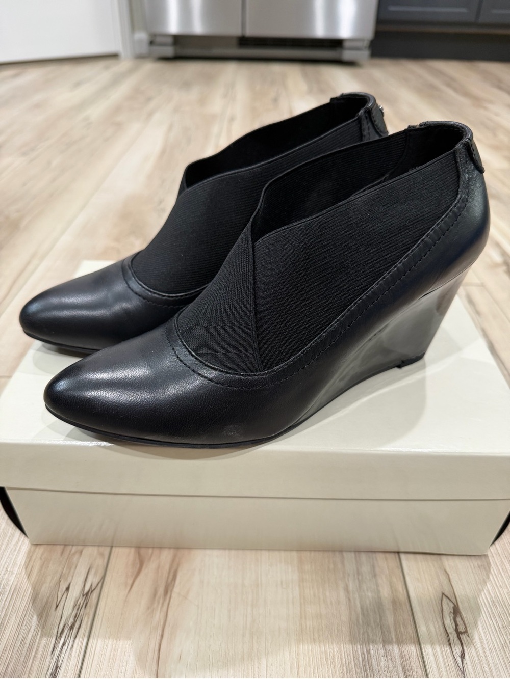 Anne Klein Black Leather Wedge Ankle Booties